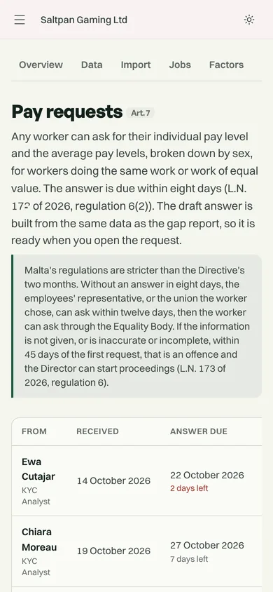 Pay requests on a phone, with Malta's eight-day answer deadline