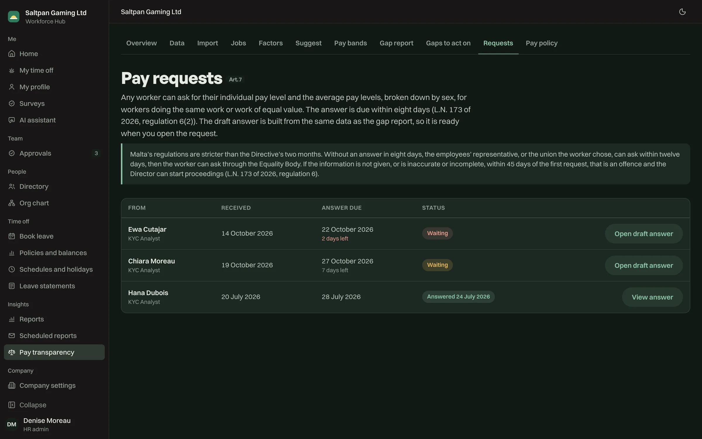 Pay requests: each request with the date received and the answer due