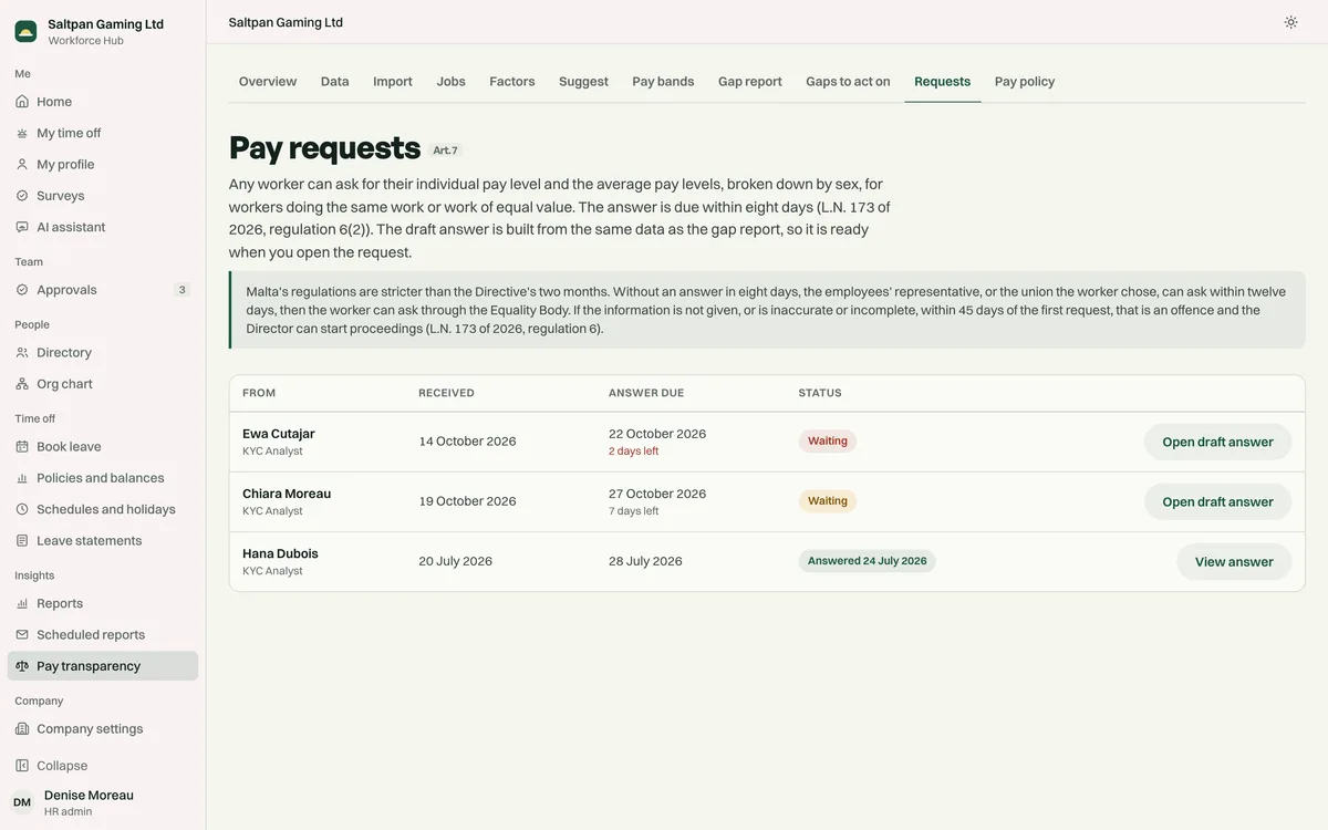 Pay requests: three requests with the date received, the answer due date and the status of each