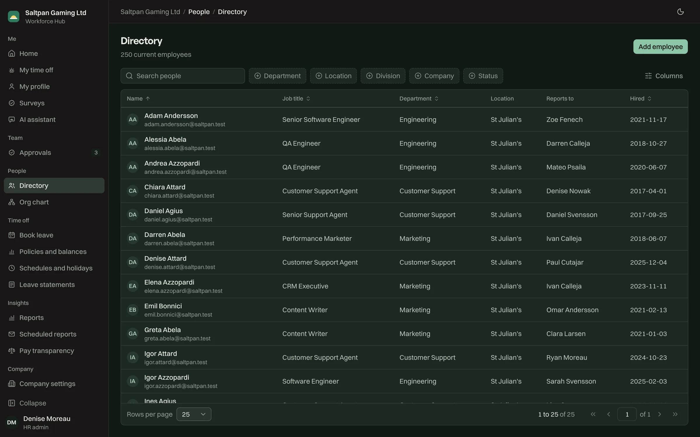 The directory, with filters for department, location, division, company and status