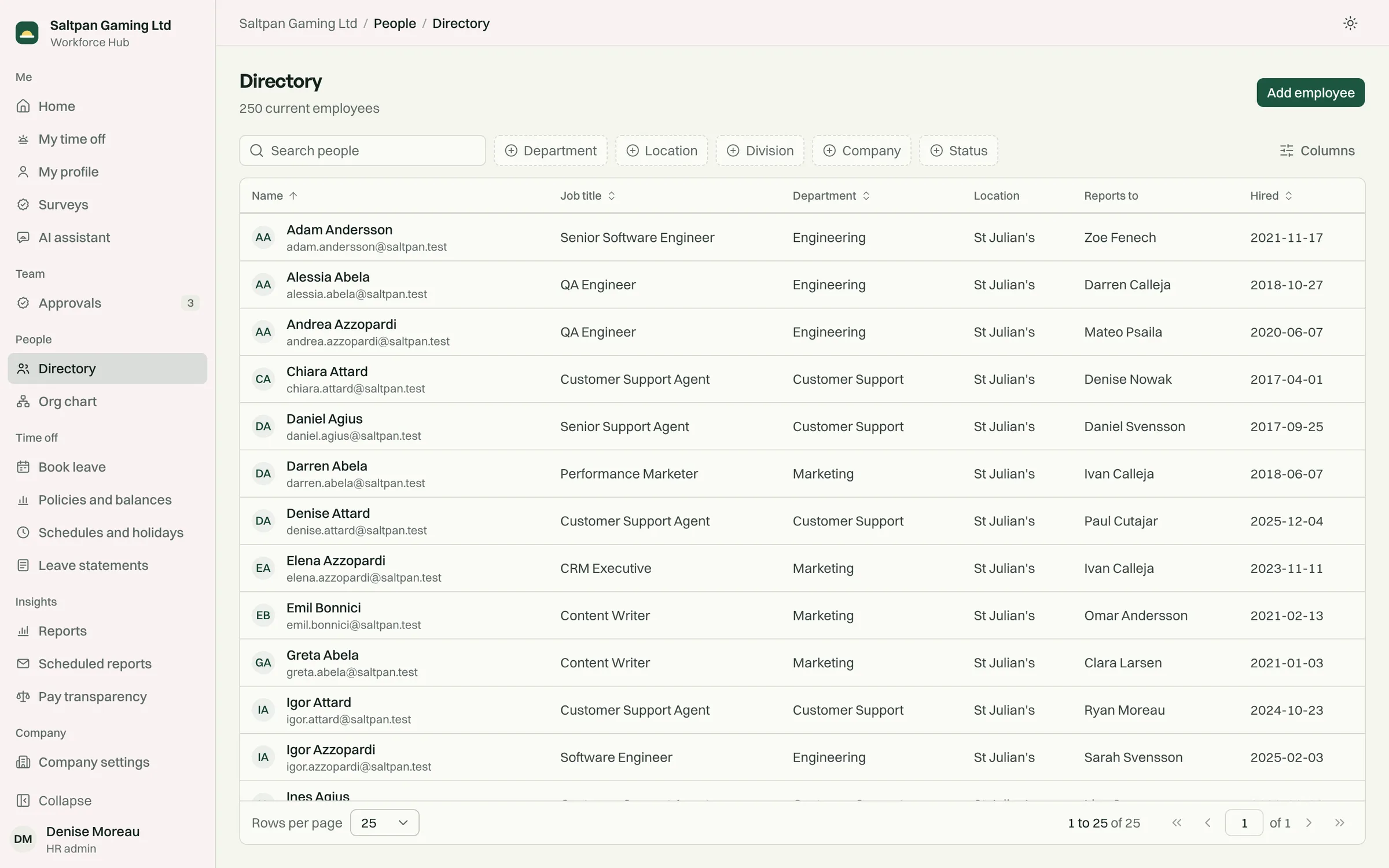 The directory, with filters for department, location, division, company and status