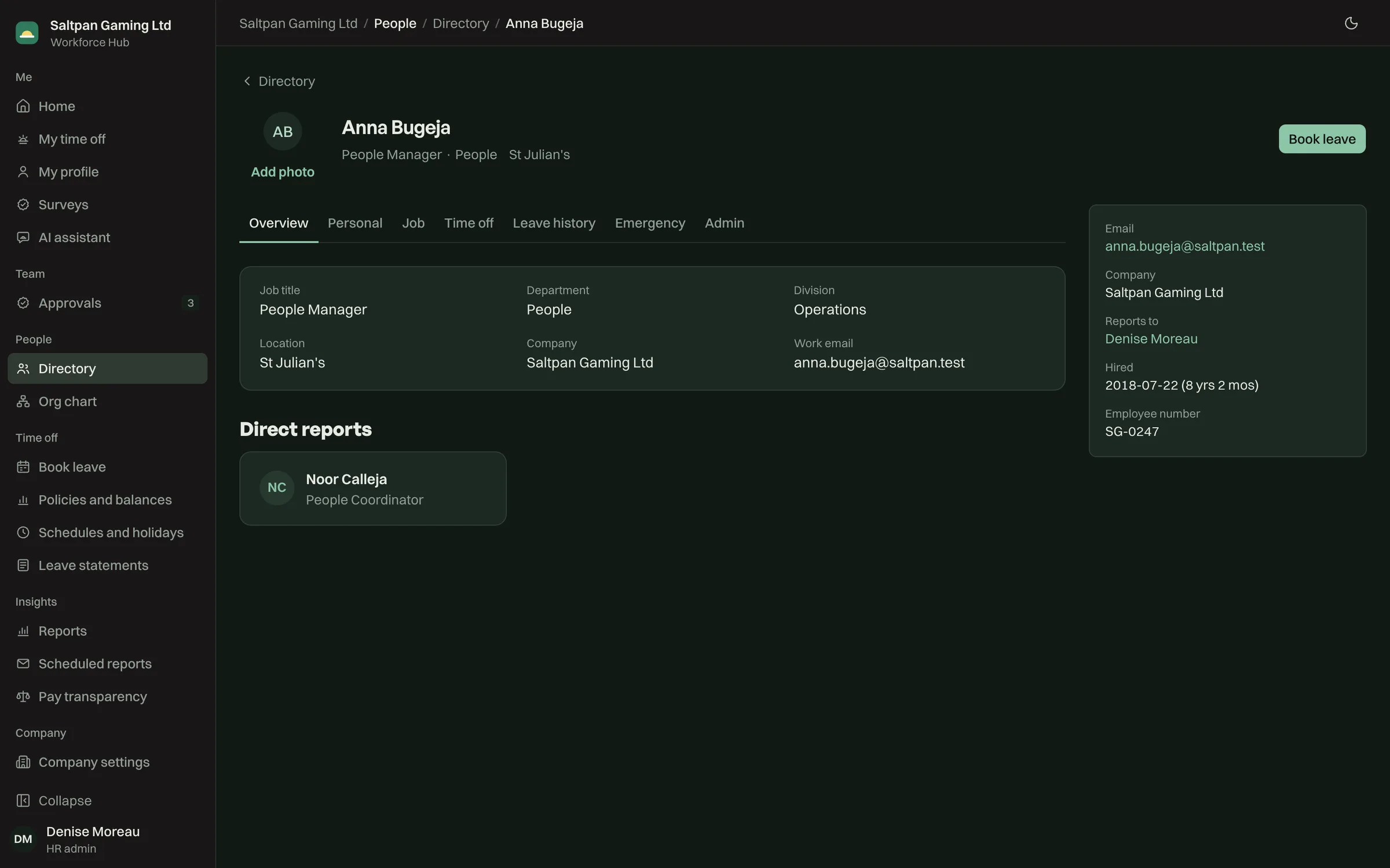 An employee profile with job, department, manager, hire date and direct reports