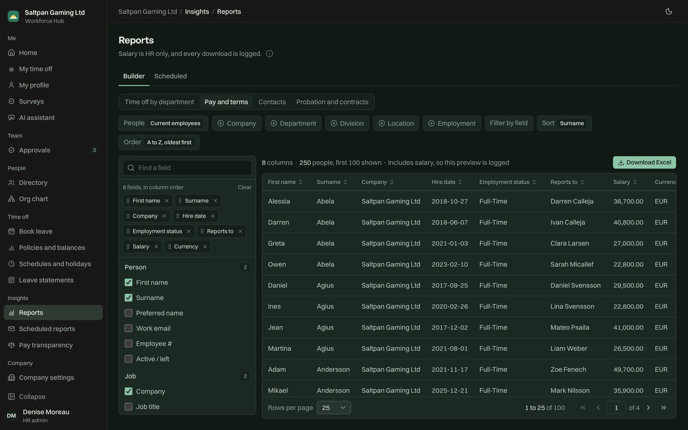 The report builder: presets, and columns grouped by person, job, employment, time off and pay