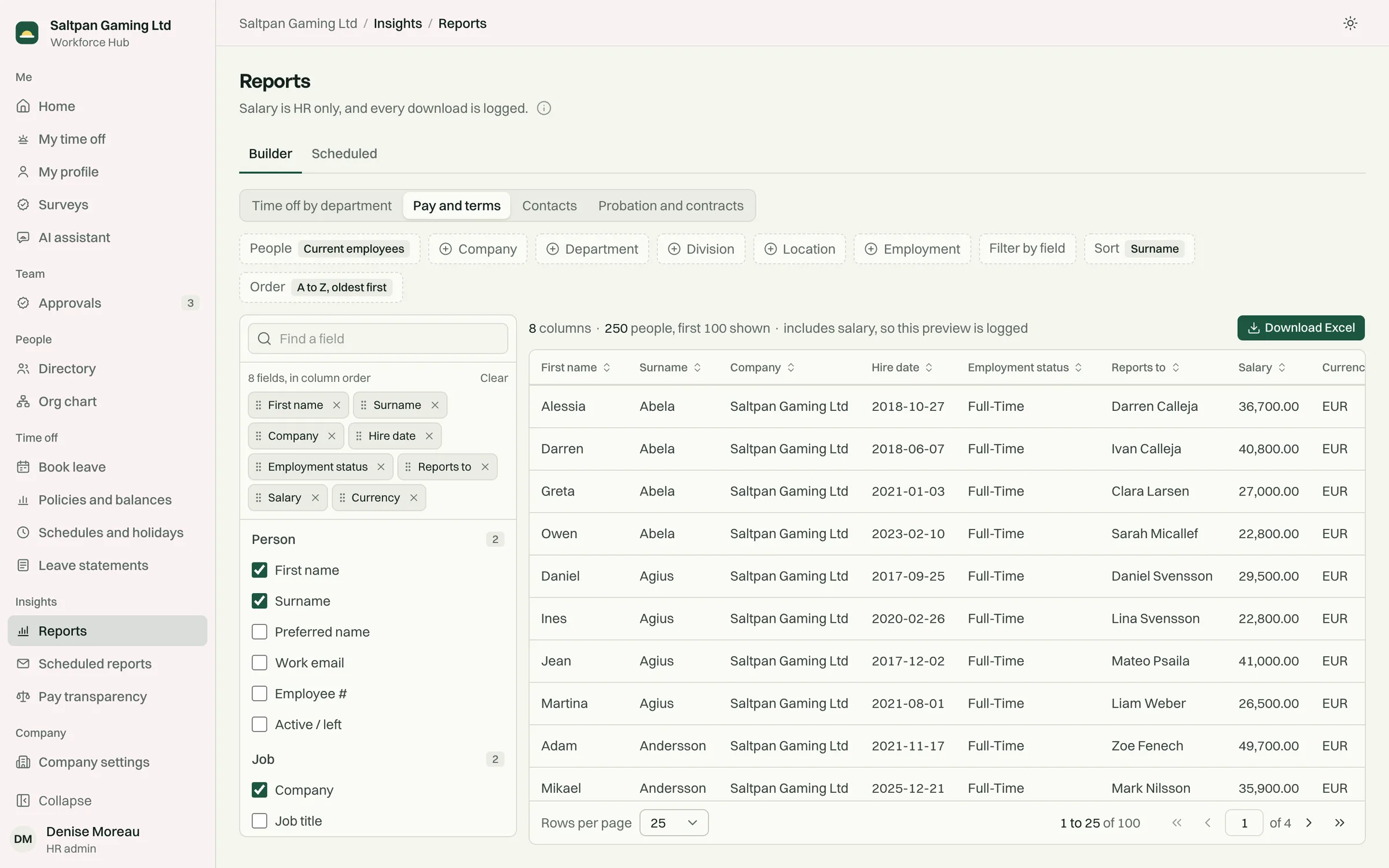 The report builder: presets, and columns grouped by person, job, employment, time off and pay