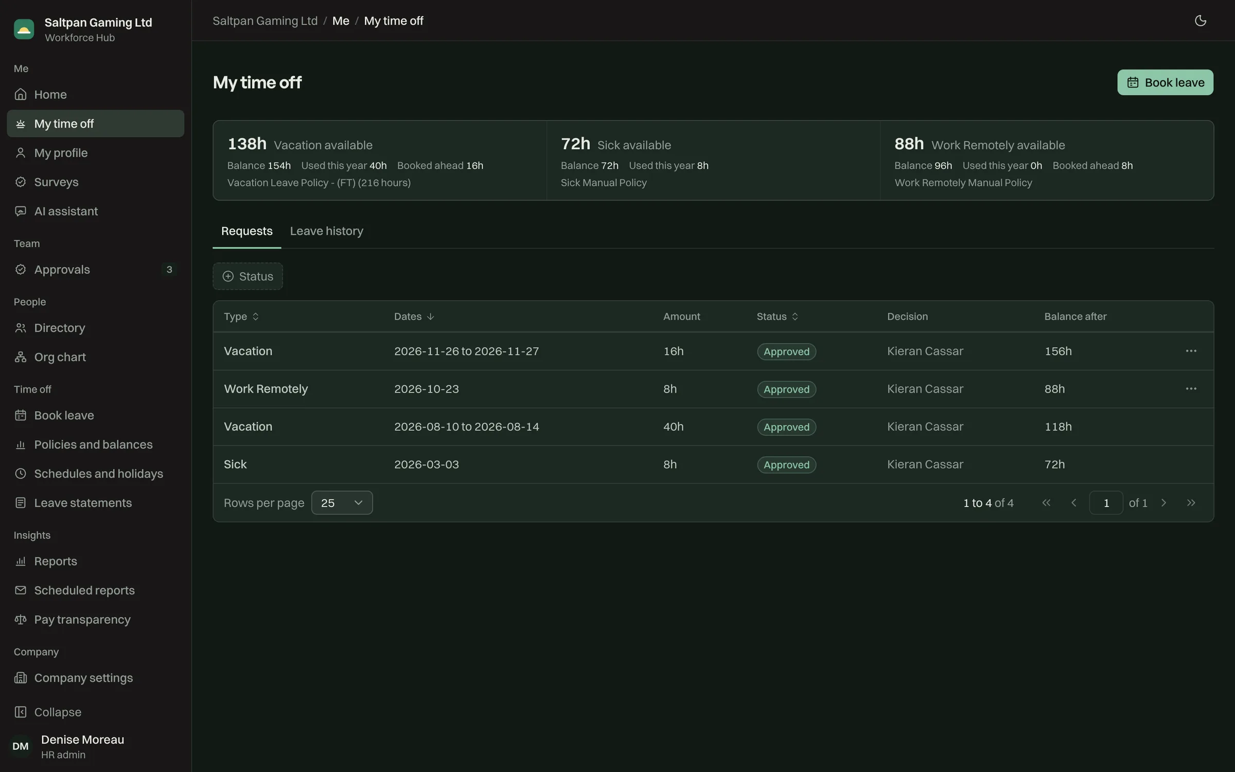 My time off: balances by leave type and every request with the balance after it