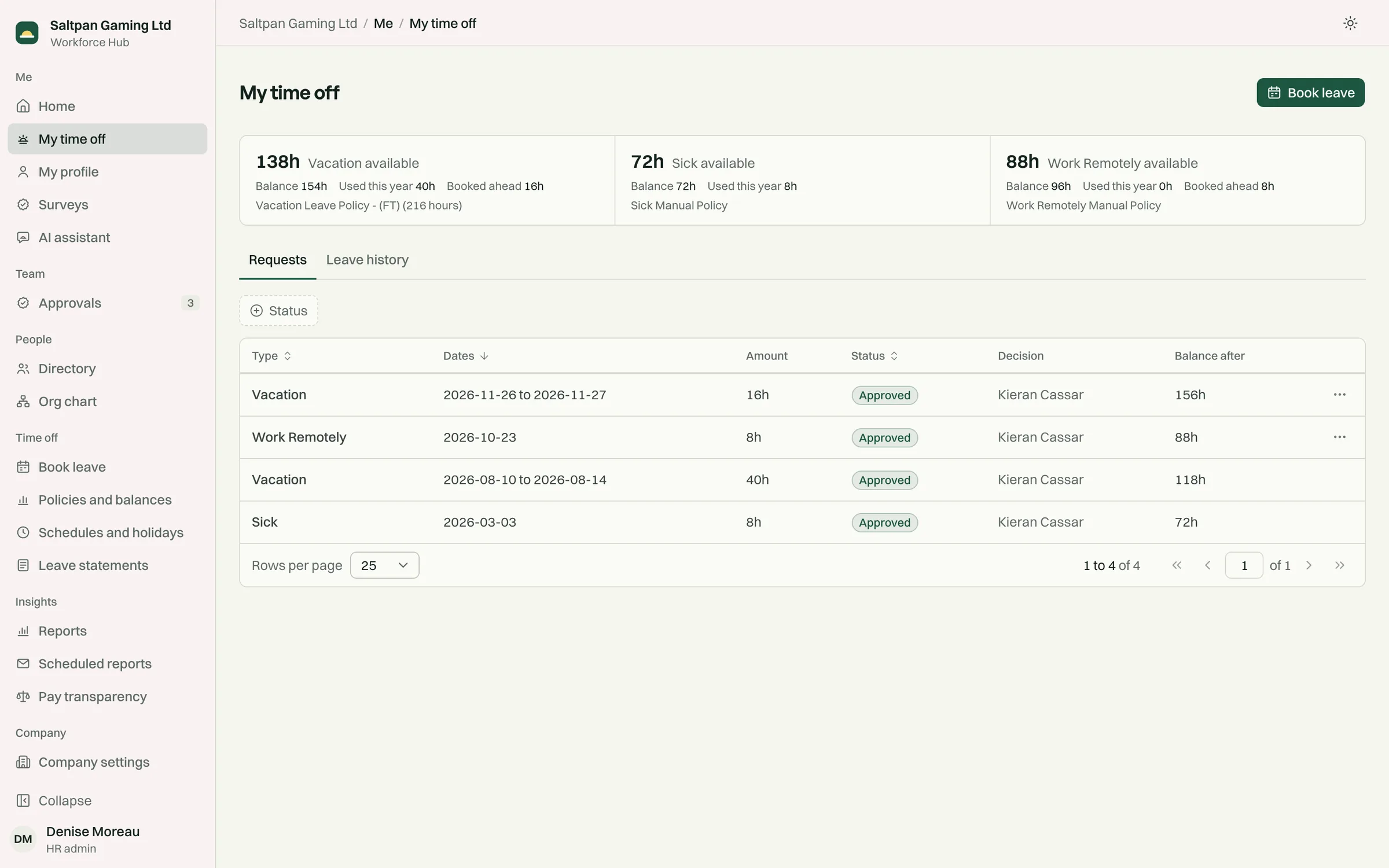 My time off: balances by leave type and every request with the balance after it